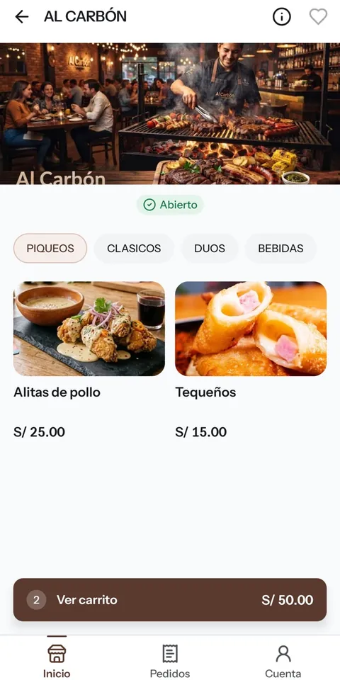 Carta de un restaurante en el celular del cliente, con categorías, platos con foto y el botón Ver carrito.