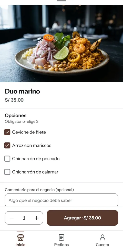 Ficha de un plato en la app, con opciones para elegir, un comentario para el restaurante y el botón Agregar.