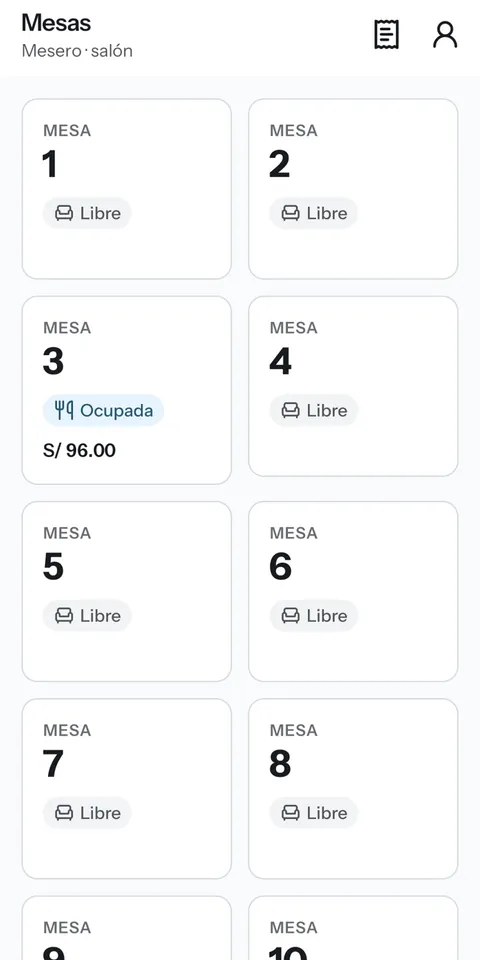 App Repique Staff con la cuadrícula de mesas del salón y su estado.